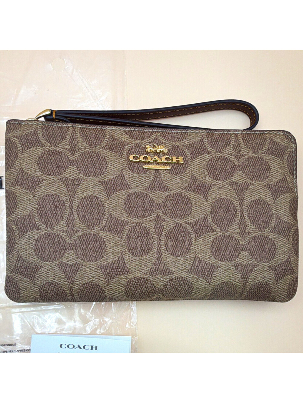 Coach Logo Large Corner Zip Wristlet Pouch w/ Wrist Strap Brown Tan CZ277